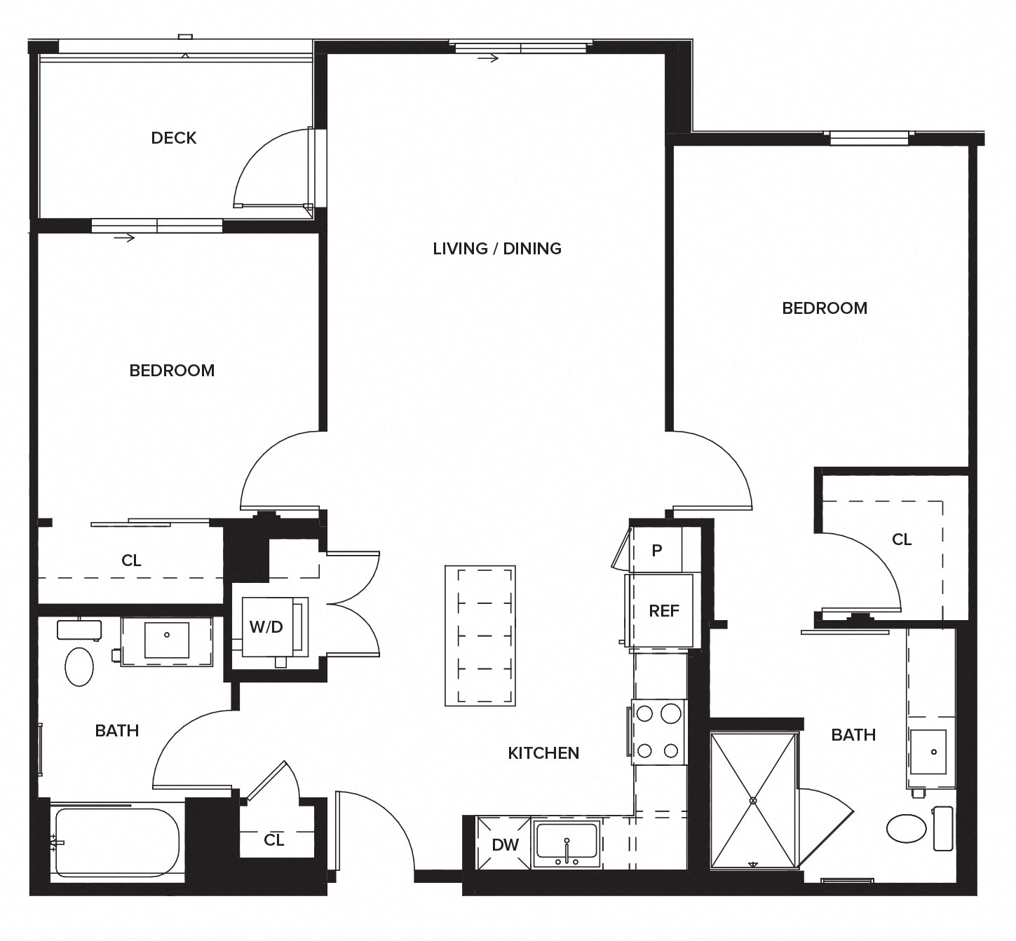 Floor plan for 2 beds, 2 baths, 1058 sqft